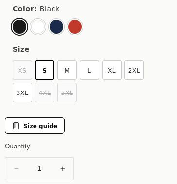 Size guide displayed as a button on the product page