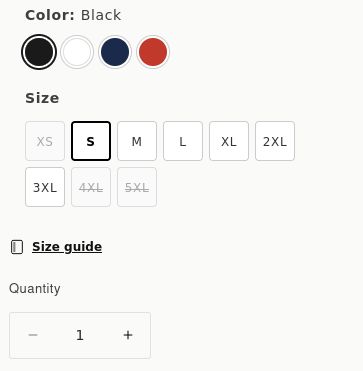 Size guide displayed as a text link on the product page
