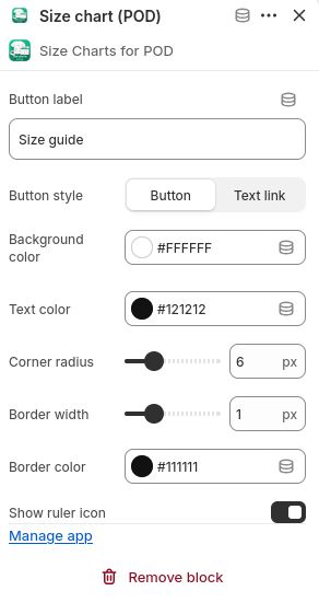 Theme editor settings panel for Size chart (POD)