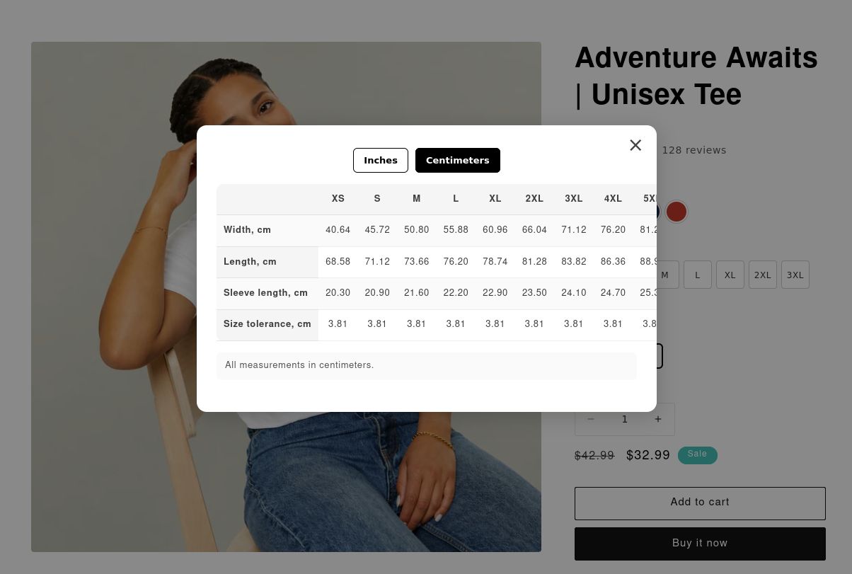 Size guide modal showing measurements in centimeters