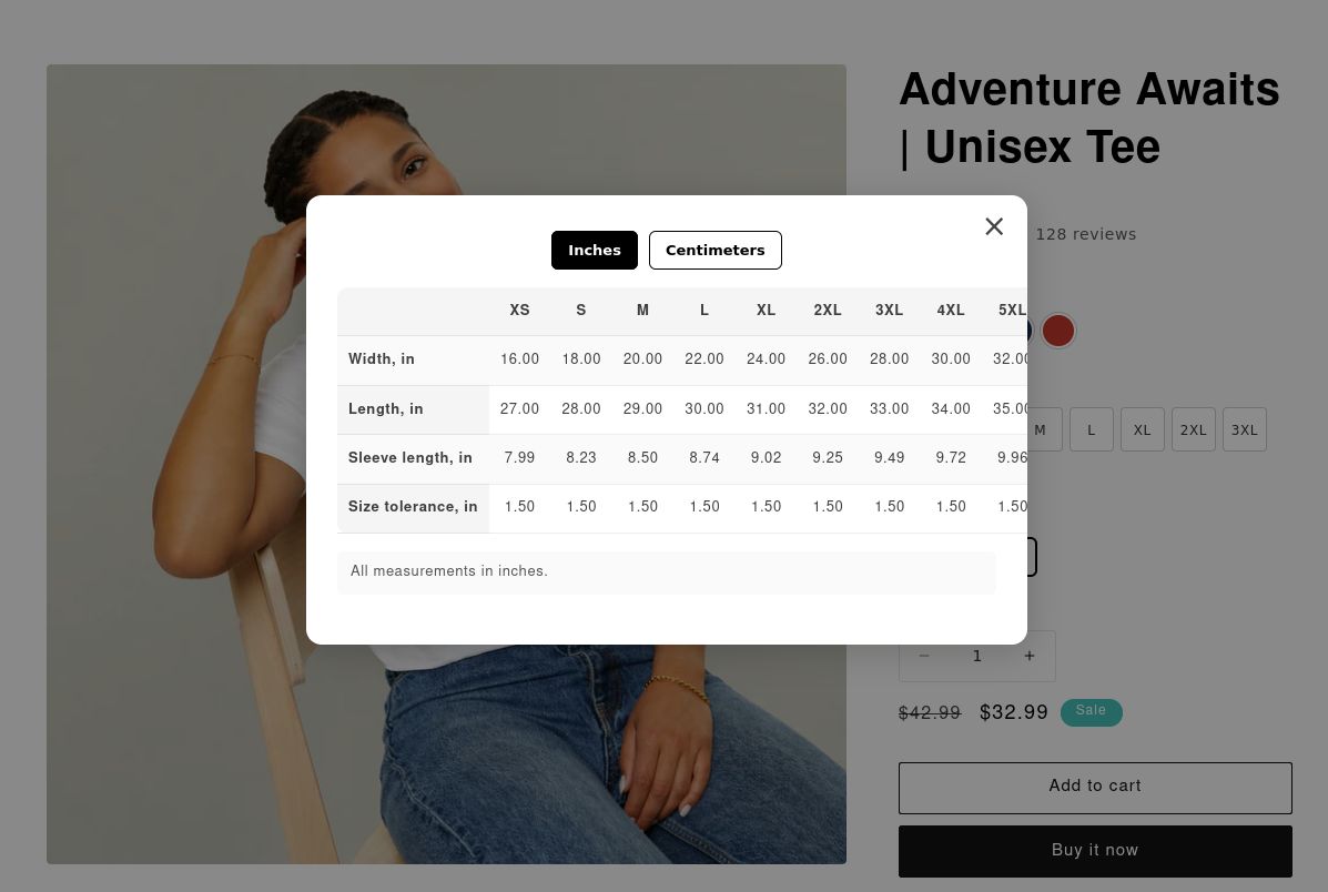 Size guide modal open showing measurement table in inches