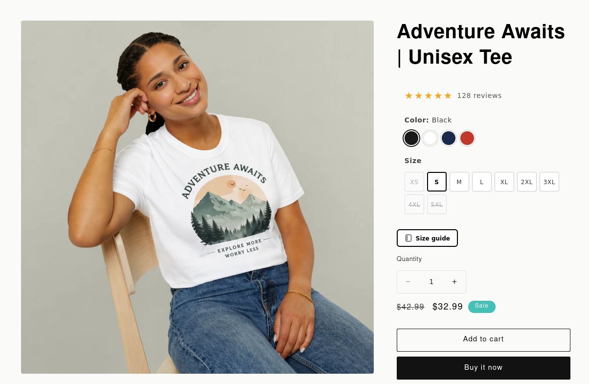 Product page with the Size guide button visible
