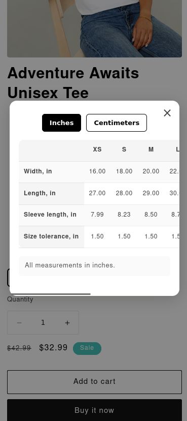 Mobile modal showing size chart