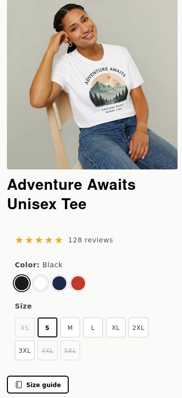 Mobile product page showing the Size guide button