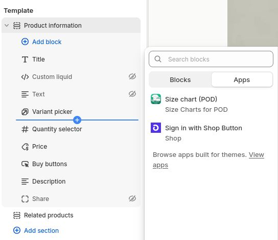 Shopify theme editor showing the Size chart (POD) block in the Apps panel