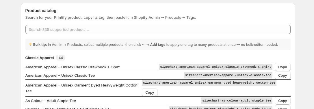App dashboard showing the product catalog search and copy-tag button